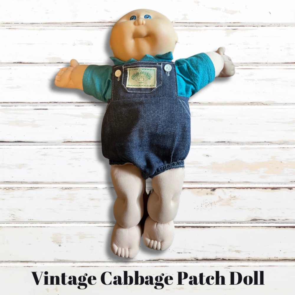Vintage Cabbage Patch Boy Doll 1978 1982 blue eyes, teal shirt, with overalls